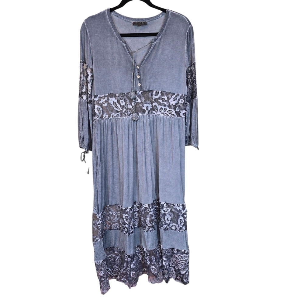 POL Boho Flowy Peasant Style Sheer Lace Panel Maxi Dress Blue-Gray Size Small - Picture 2 of 14